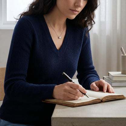 Floating Solitaire Necklace Silver Tone worn while writing - navy V-neck minimalist desk