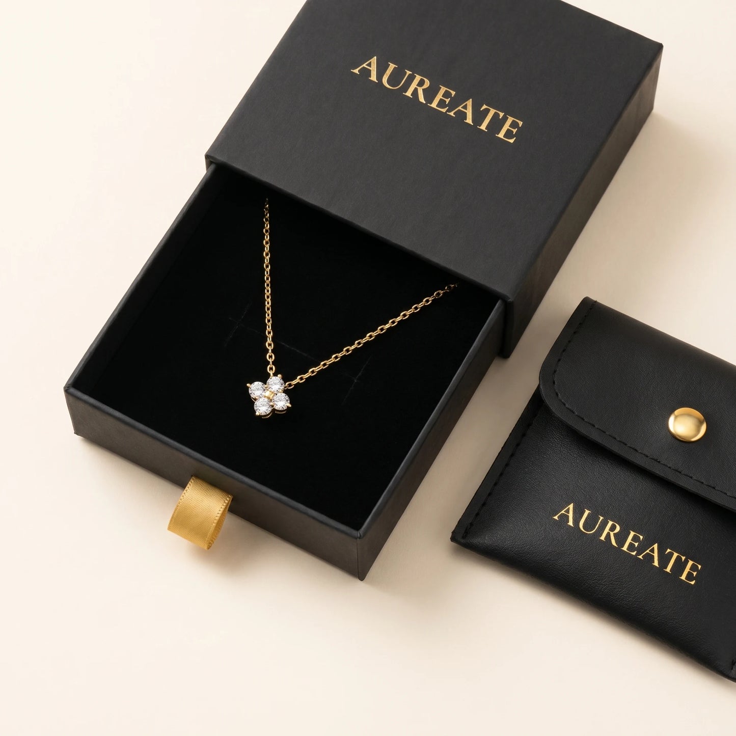 Diamond cluster necklace gold AUREATE gift box matte black drawer