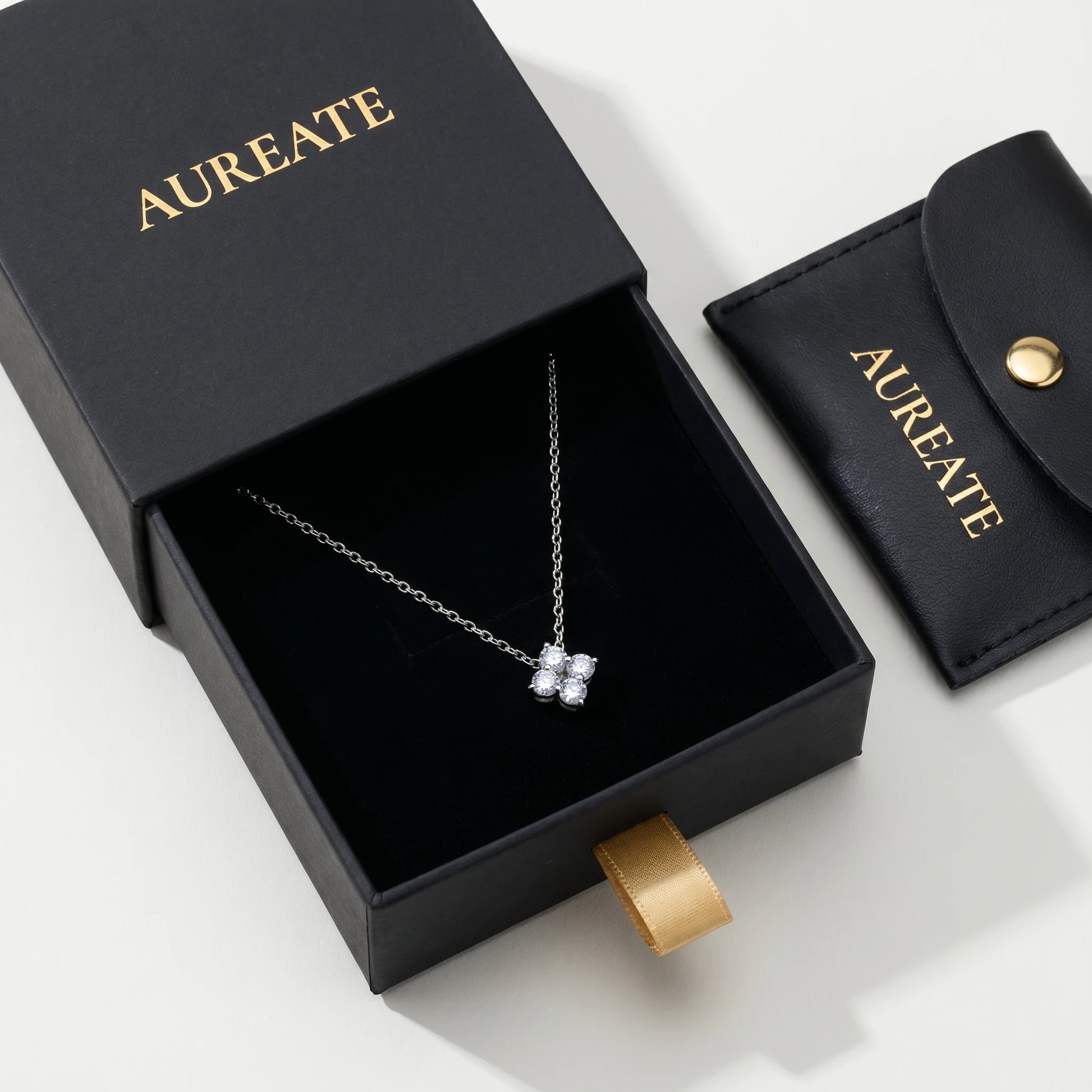 Diamond cluster necklace silver AUREATE gift box matte black drawer