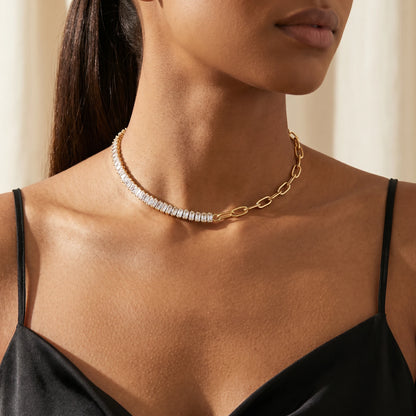 Half Tennis Paperclip Necklace gold worn close-up baguette CZ tennis chain paperclip choker
