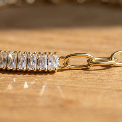 Half Tennis Paperclip Necklace gold macro detail baguette tennis paperclip junction