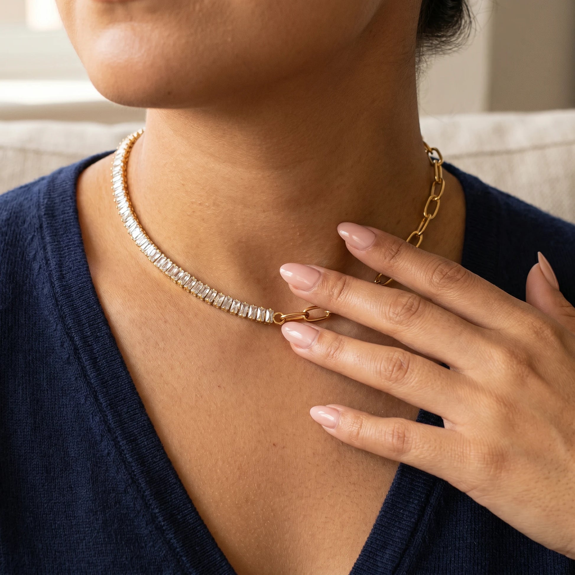 Half Tennis Paperclip Necklace gold lifestyle hand-to-jewelry intimate close-up
