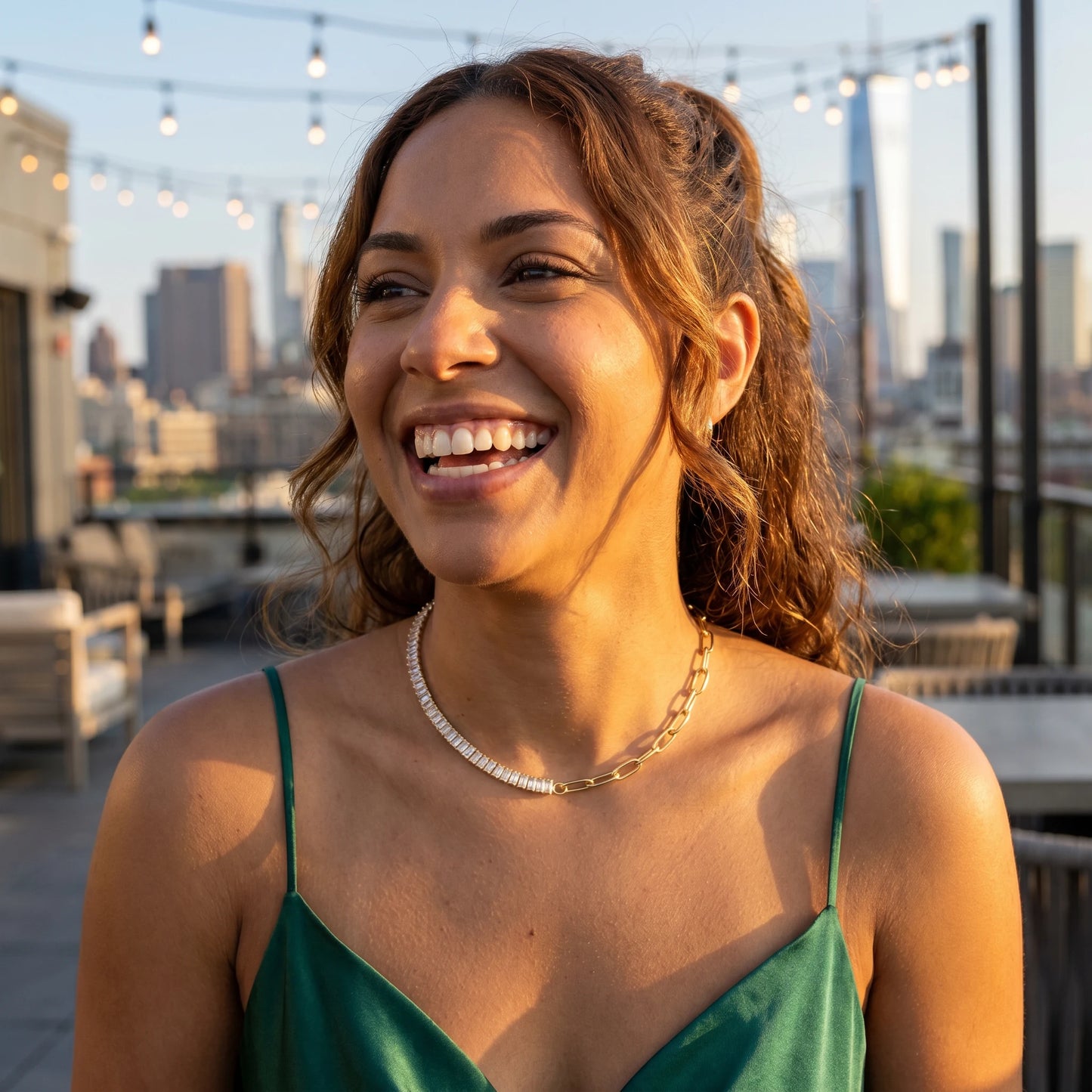 Half Tennis Paperclip Necklace gold candid joy NYC rooftop downtown party