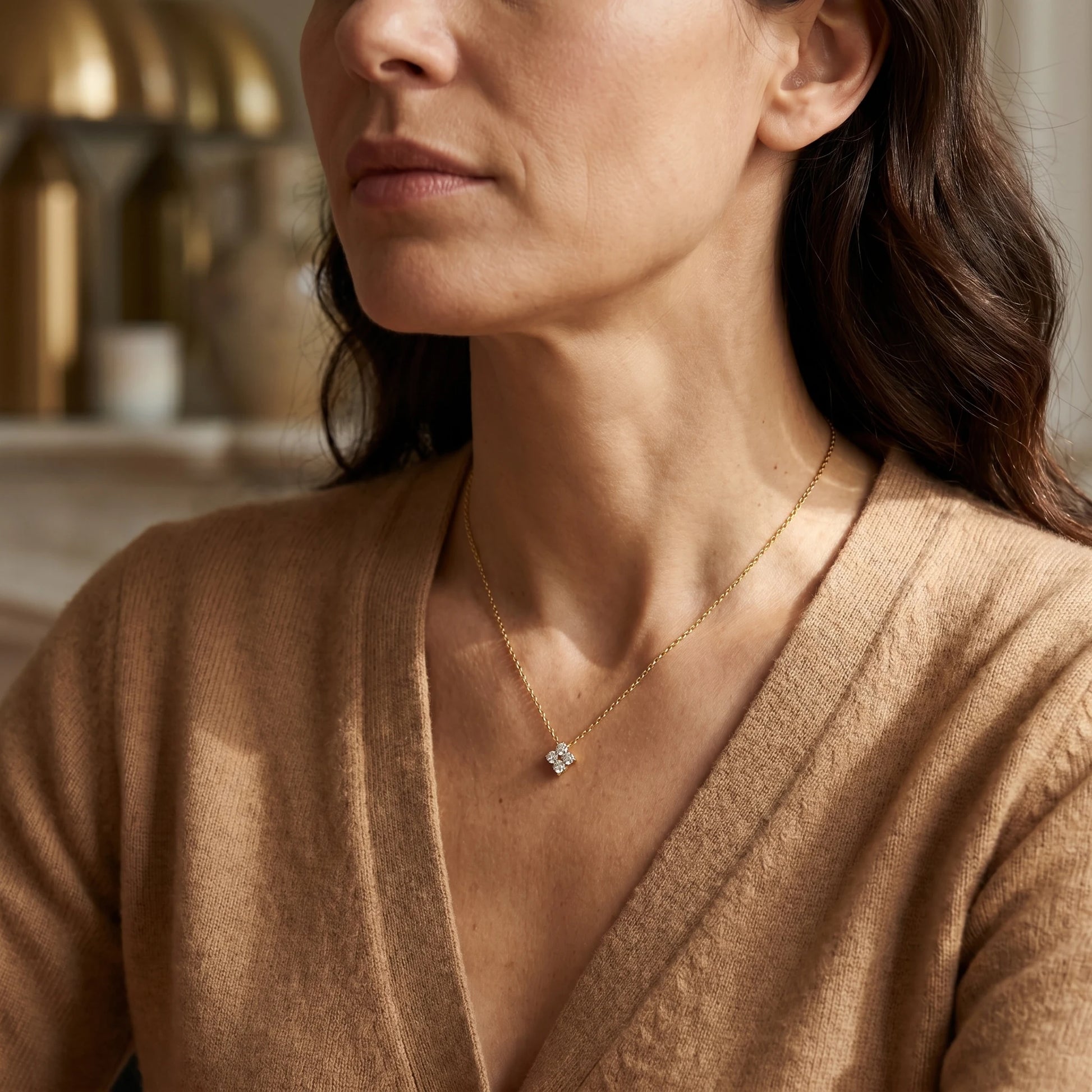 Diamond cluster necklace gold mature elegance Parisian editorial