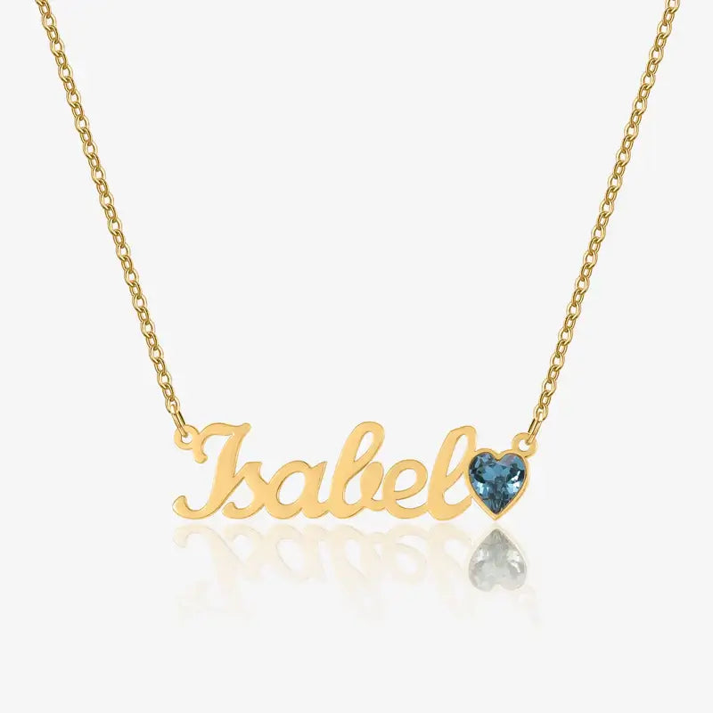 Birthstone Personalised Name Necklace by AUREATE featuring a gold chain with a blue gemstone heart.