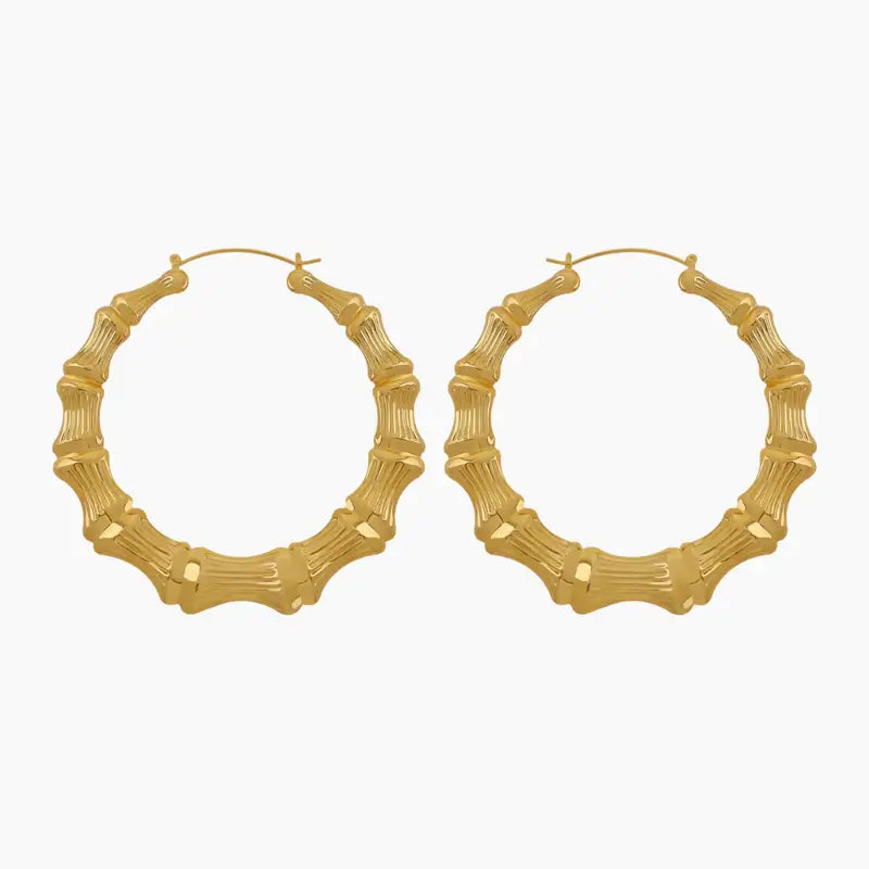 Classic Bamboo Hoop Earrings by AUREATE, featuring a textured design in 18K gold plating for a stylish look.