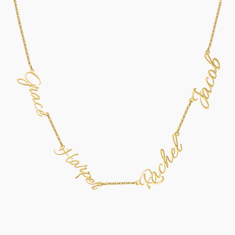 AUREATE Multiple Name Necklace in gold featuring names Grace, Harper, Rachel, and Jacob. Personalised family jewelry.