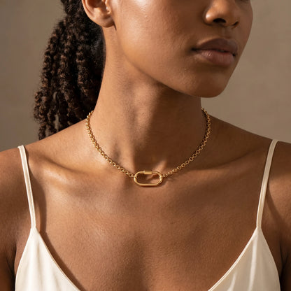 Oval Lock Choker Necklace gold worn close-up