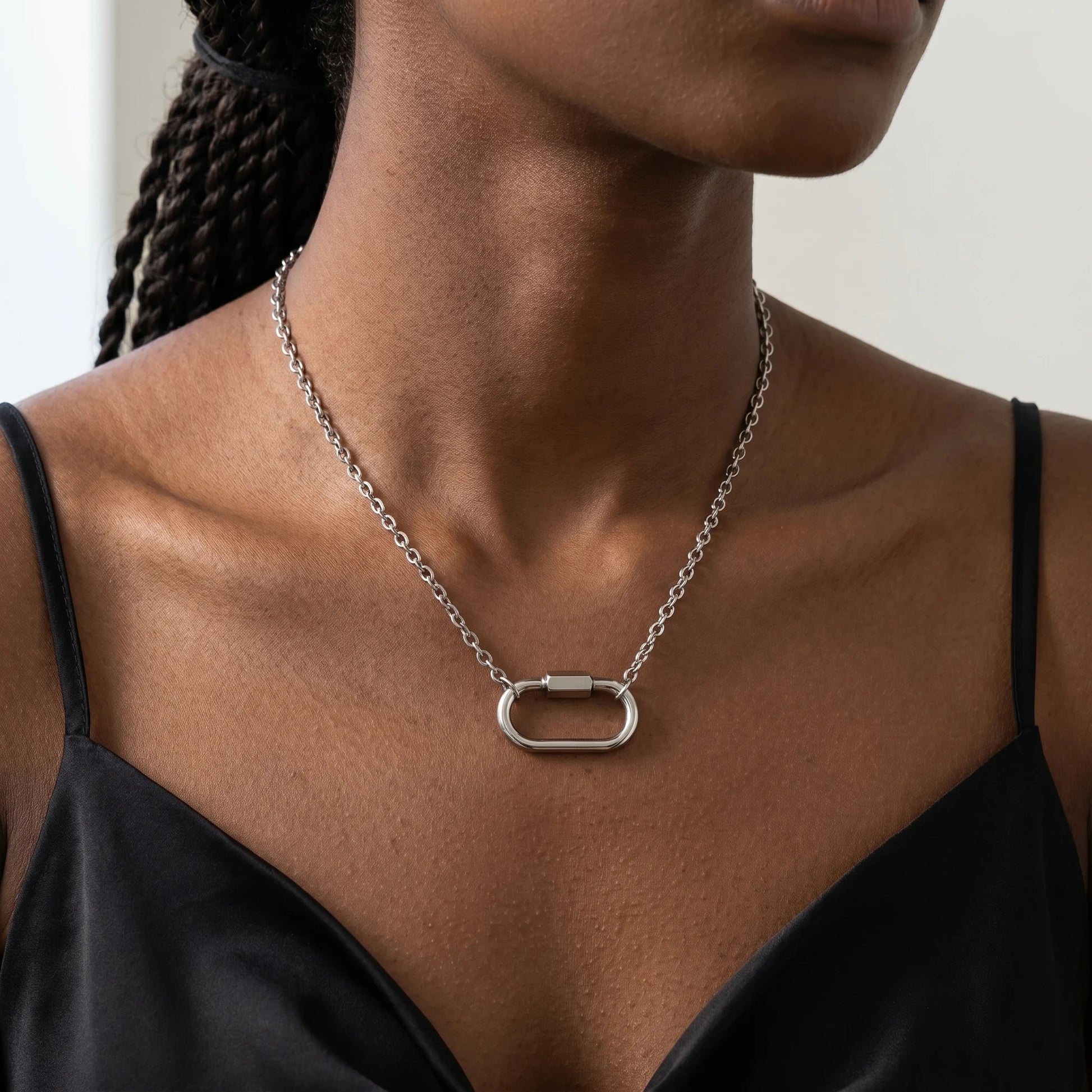 Oval Lock Choker Necklace silver worn close-up