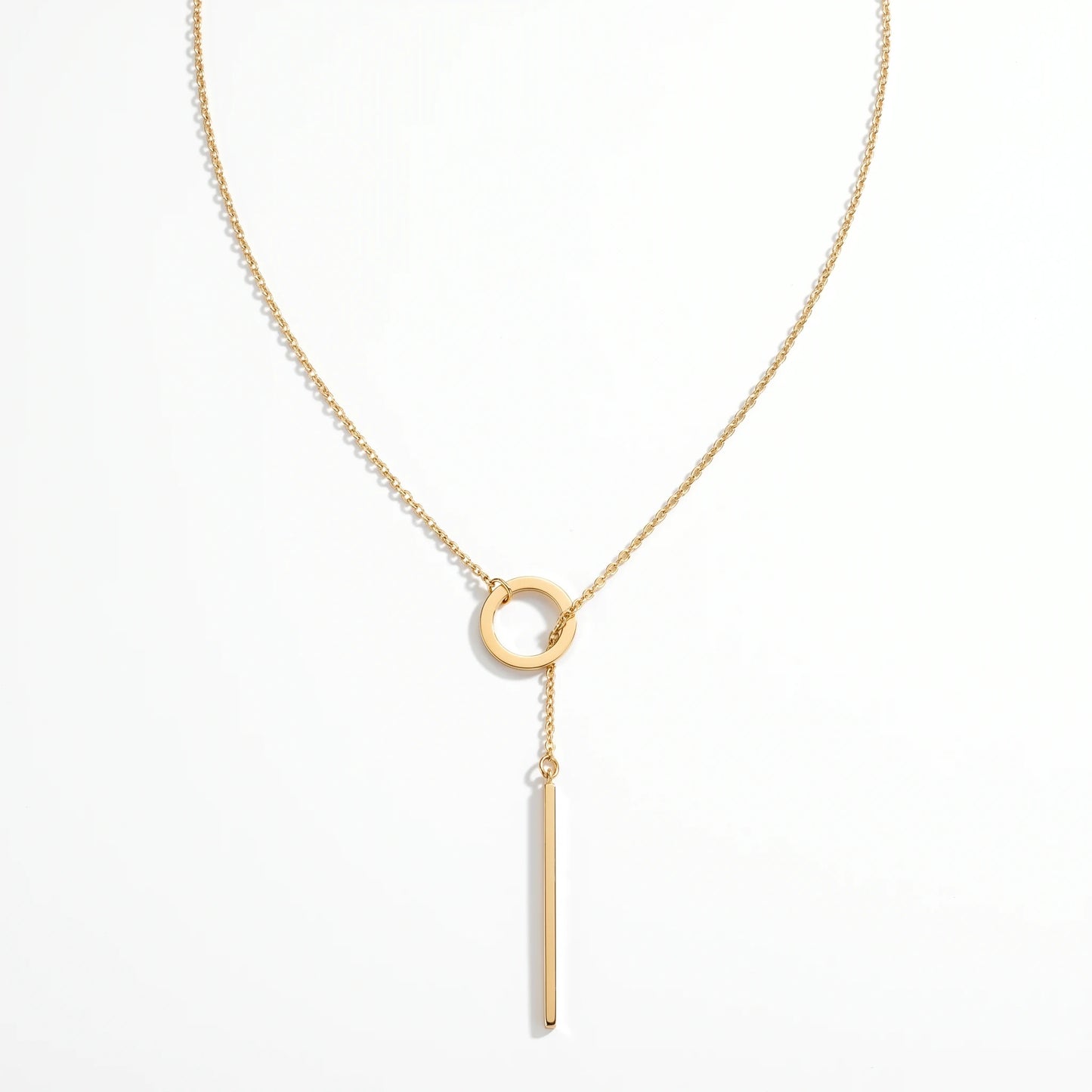 Gold Y-lariat slip-through necklace circle bar drop packshot no clasp