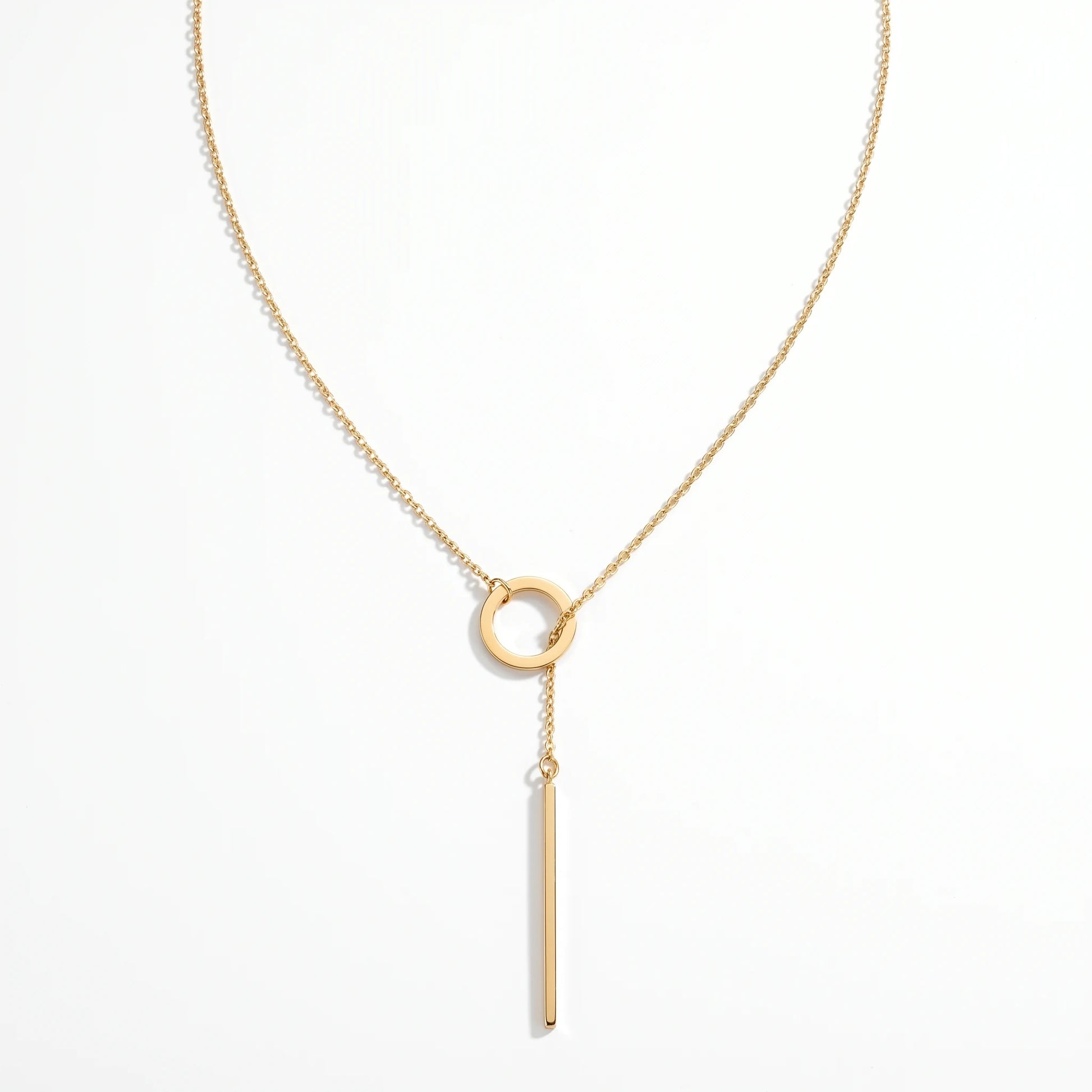 Gold Y-lariat slip-through necklace circle bar drop packshot no clasp