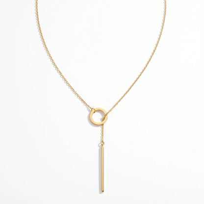 Gold Y-lariat slip-through necklace circle bar drop packshot no clasp