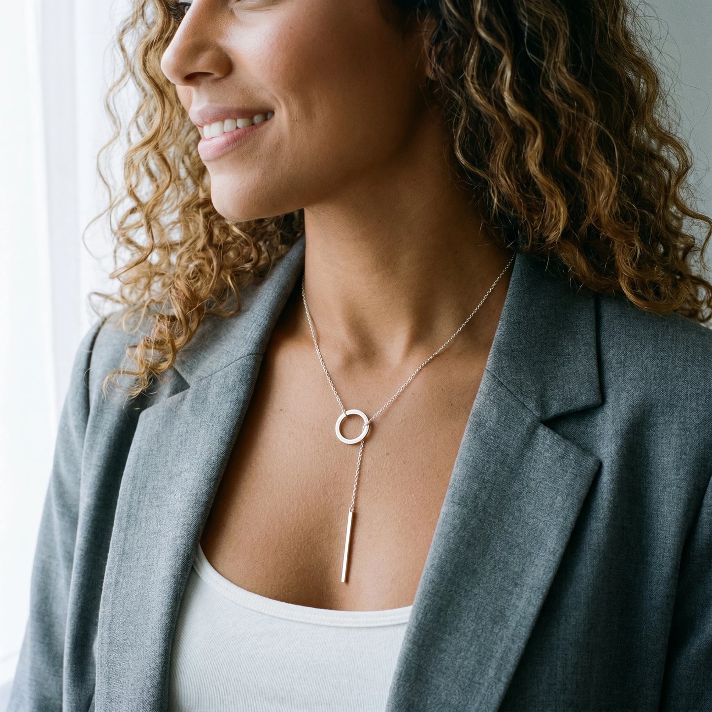 Silver Y-lariat necklace LA bungalow morning profile grey blazer asymmetric