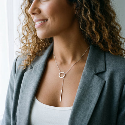 Silver Y-lariat necklace LA bungalow morning profile grey blazer asymmetric