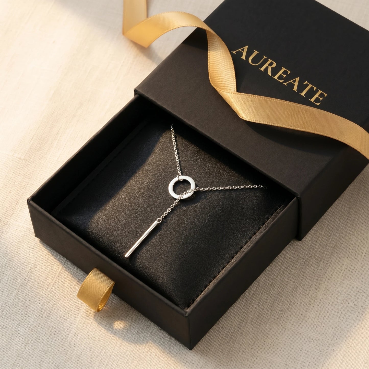 AUREATE gift box black slide drawer with silver Y-lariat slip-through necklace