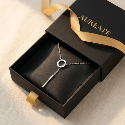 AUREATE gift box black slide drawer with silver Y-lariat slip-through necklace