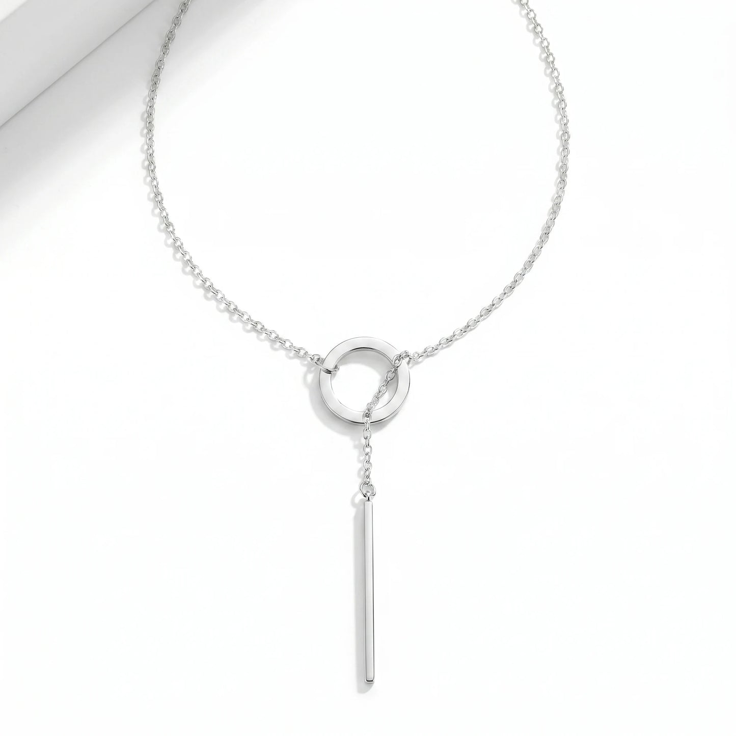 Silver Y-lariat slip-through necklace circle bar drop packshot no clasp