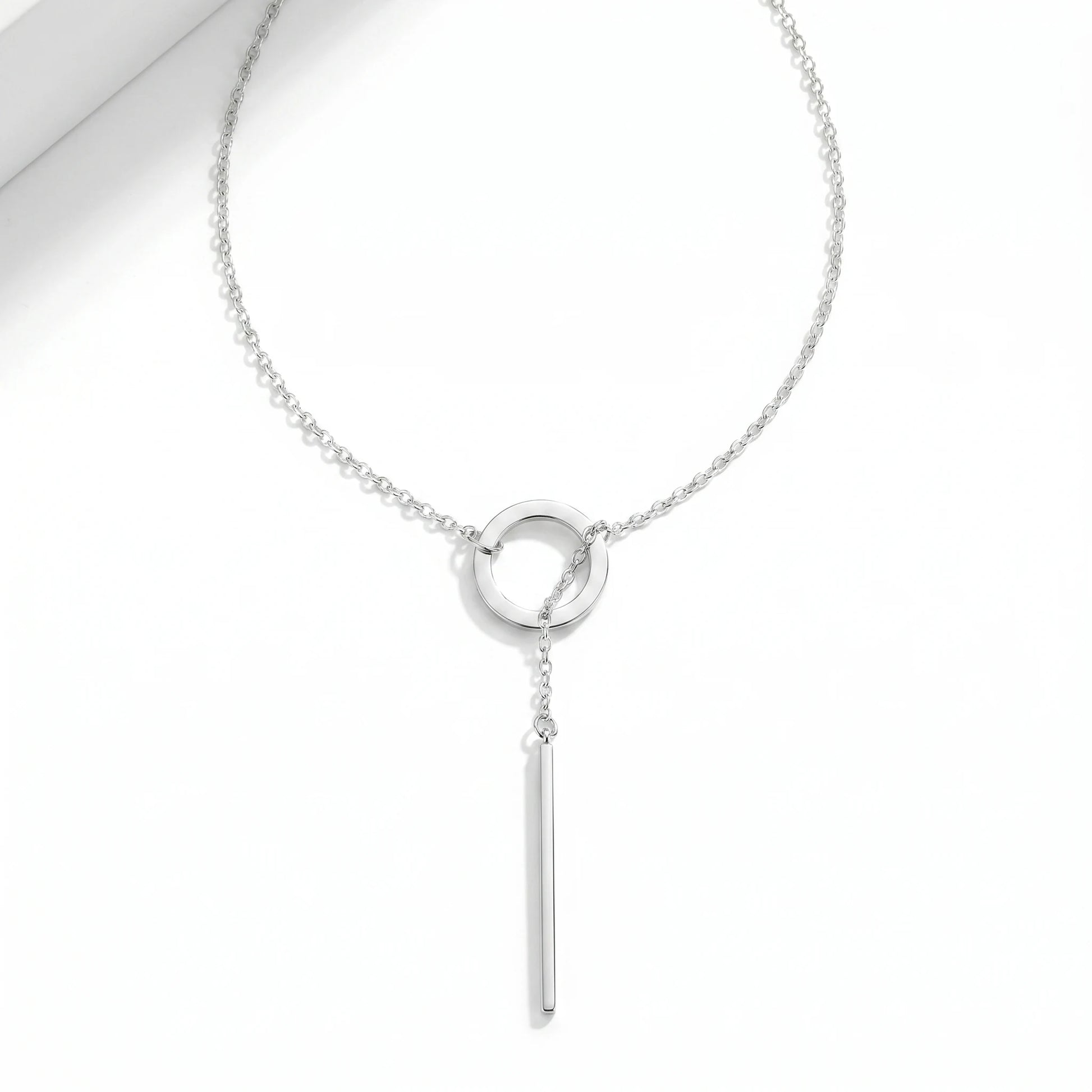Silver Y-lariat slip-through necklace circle bar drop packshot no clasp