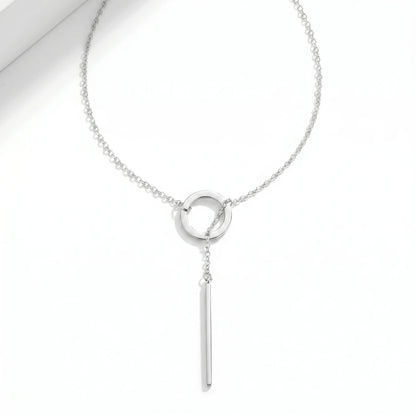 Silver Y-lariat slip-through necklace circle bar drop packshot no clasp