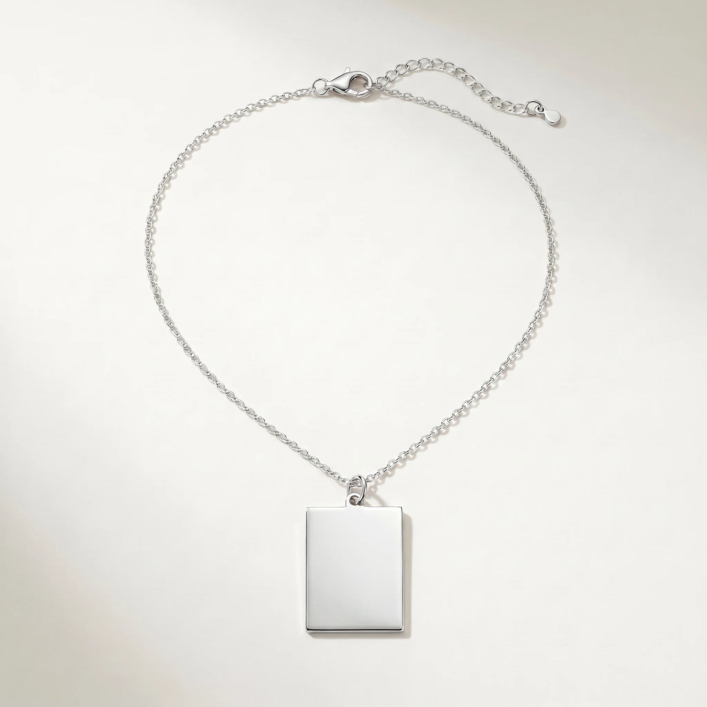 Silver rectangle pendant necklace packshot sharp 90 degree corners