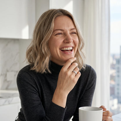 Dainty croissant dome ring silver lifestyle joy laugh morning kitchen
