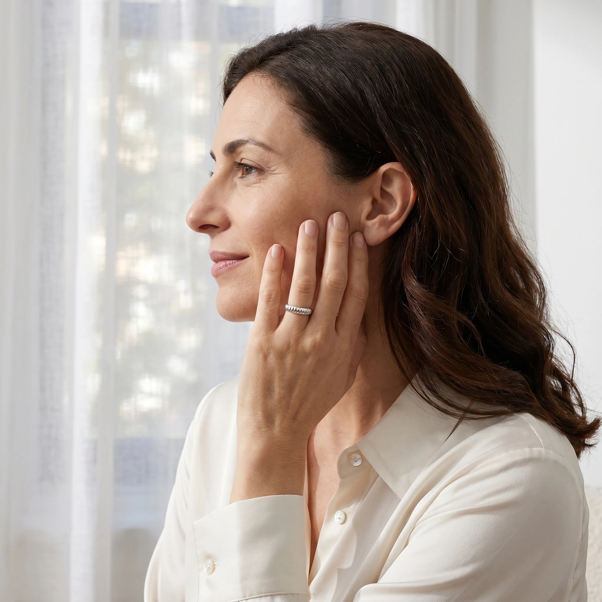 Dainty croissant dome ring silver subtle smile brownstone bay window profile