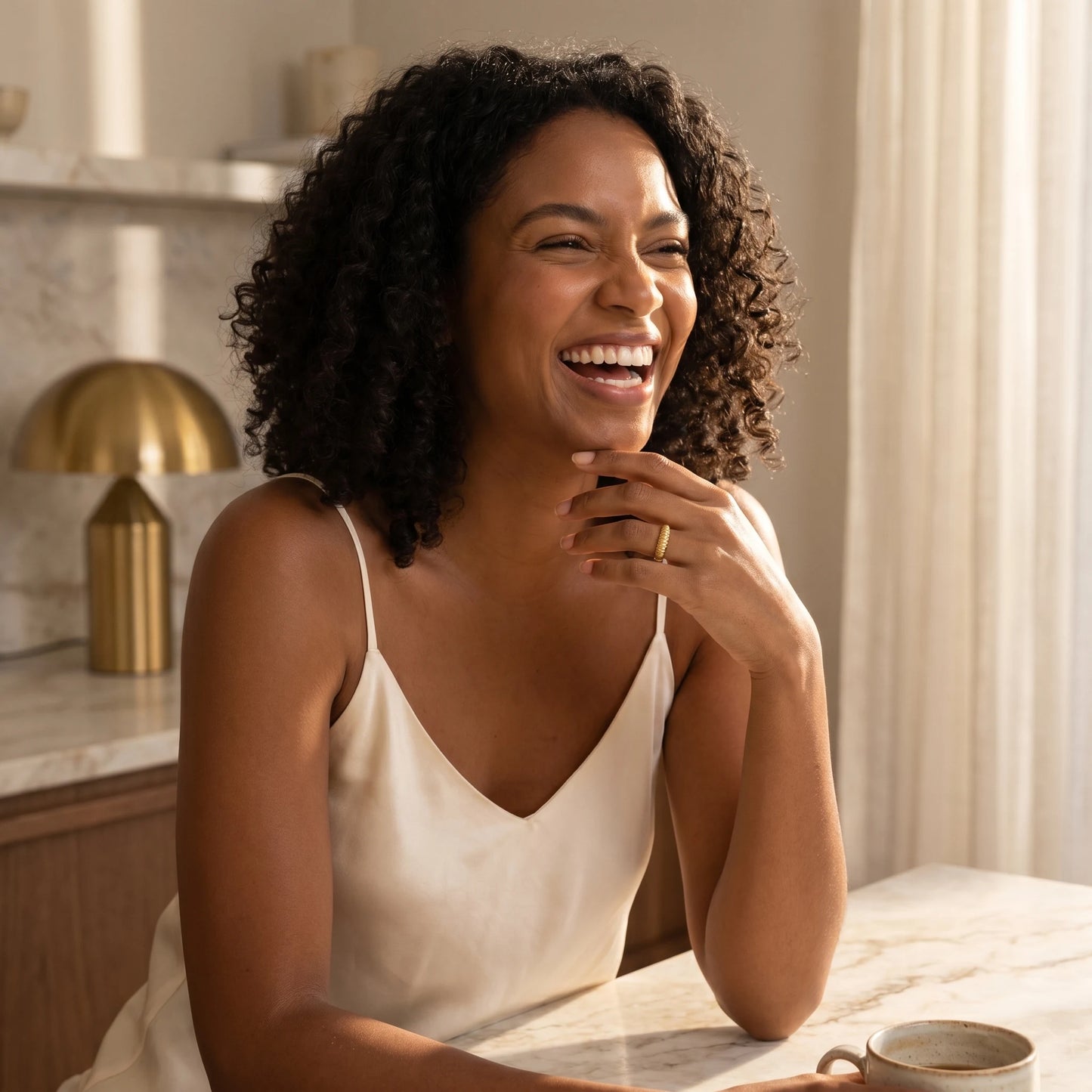 Dainty croissant dome ring gold lifestyle joy laugh morning kitchen