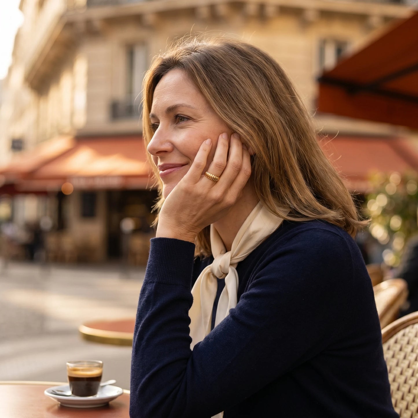 Dainty croissant dome ring gold subtle smile Parisian cafe profile