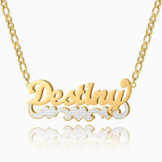 Cuban Triple Heart Name Necklace by AUREATE featuring a gold 'Destiny' pendant with heart details.