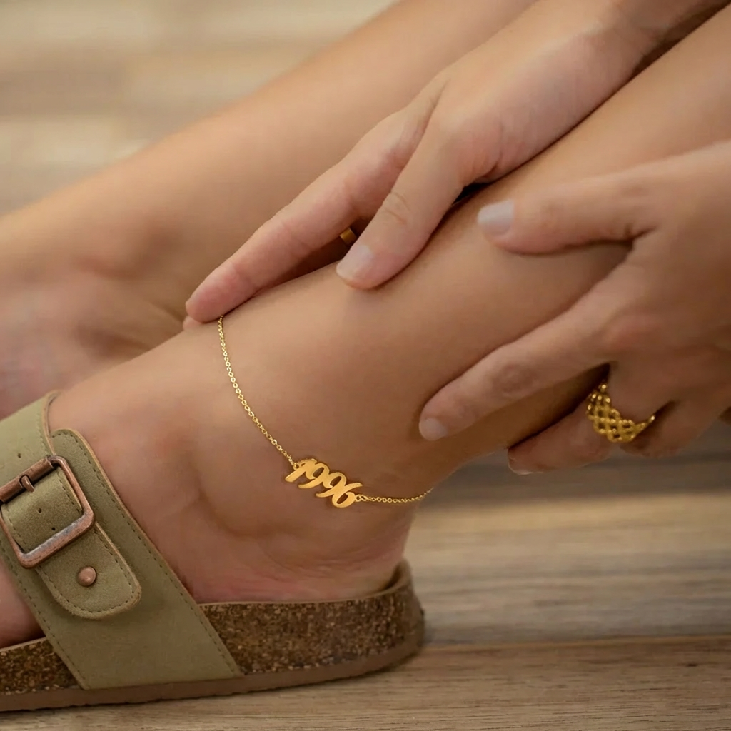 AUREATE Year Charm Anklet featuring a gold chain with '1996' charm, perfect for personalized styling and celebrating milestones.