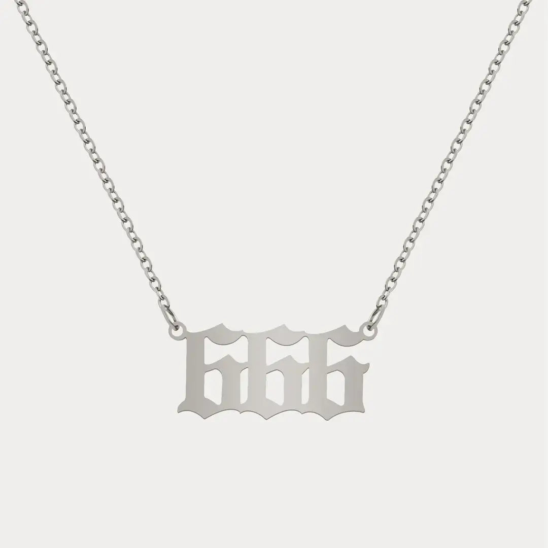 Angel Number Pendant Necklace by AUREATE featuring silver chain and 666 design, perfect for spiritual jewelry.