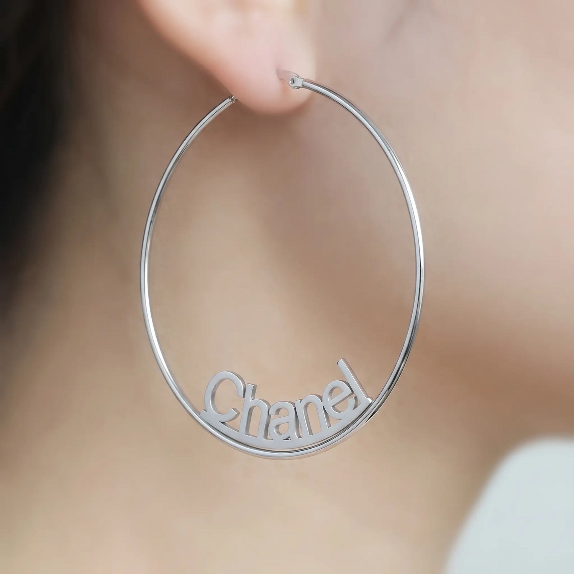Custom Name Hoop Earrings  AUREATE  Earrings  Stainless Steel (Silver Tone) / 1.5" (40 mm) Stainless Steel (Silver Tone)