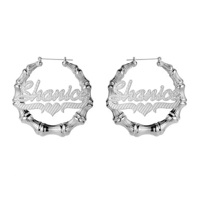 Double Plated Bamboo Name Hoops by AUREATE featuring custom name design in elegant bamboo texture.