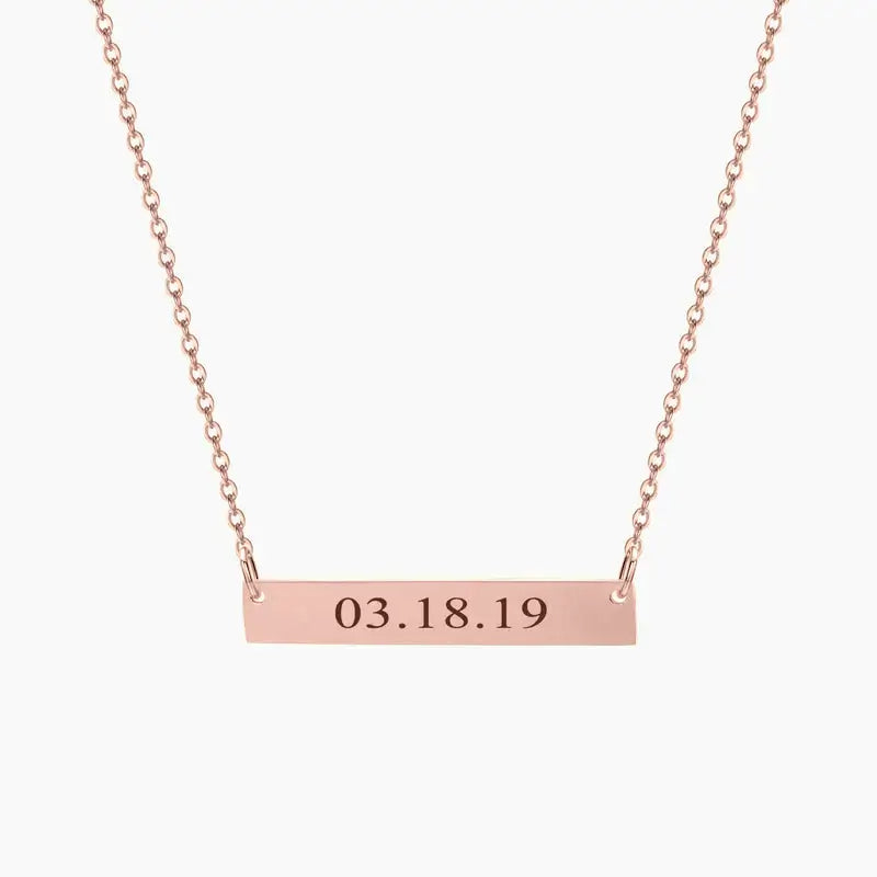 AUREATE Bar Necklace with Engraving featuring a personalized date on a sleek rose gold design.