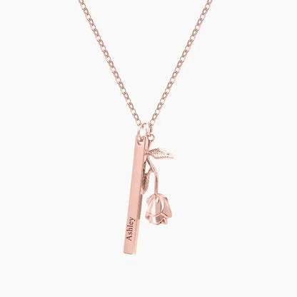 Rose Bar Necklace with Engraving by AUREATE featuring a delicate rose and personalized name tag in rose gold.