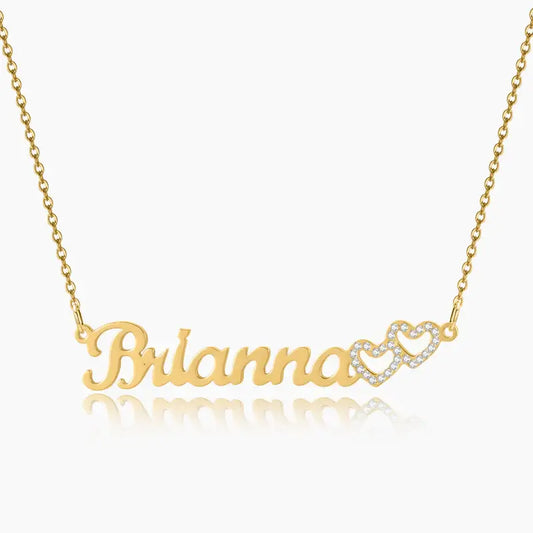Iced Heart Name Necklace by AUREATE featuring the name Brianna with crystal-encrusted hearts in gold.