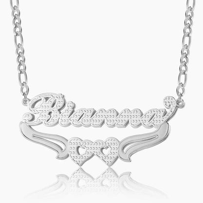 Double Heart Name Necklace with Figaro Chain featuring silver plating and intertwined hearts by AUREATE.