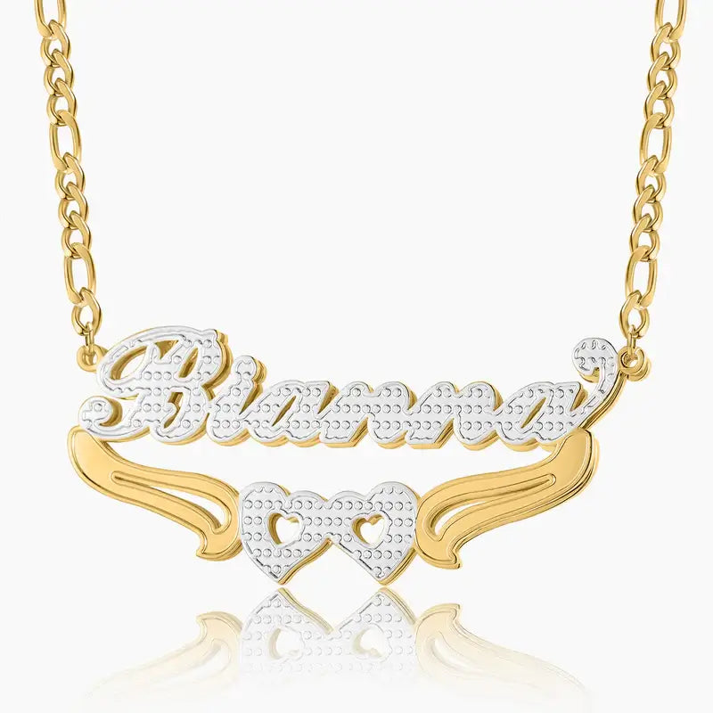 Double Heart Name Necklace with Figaro Chain by AUREATE featuring a personalized name in gold and silver plating.