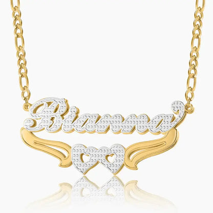 Double Heart Name Necklace with Figaro Chain by AUREATE featuring a personalized name in gold and silver plating.