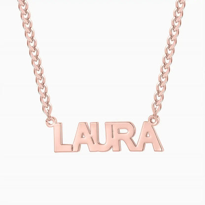 Block Name Necklace with Cuban Chain by AUREATE featuring personalized name 'LAURA' in a stylish design.