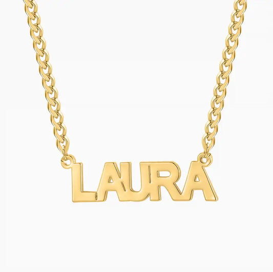 Block Name Necklace with Cuban Chain personalized with the name 'LAURA' in bold gold lettering by AUREATE.