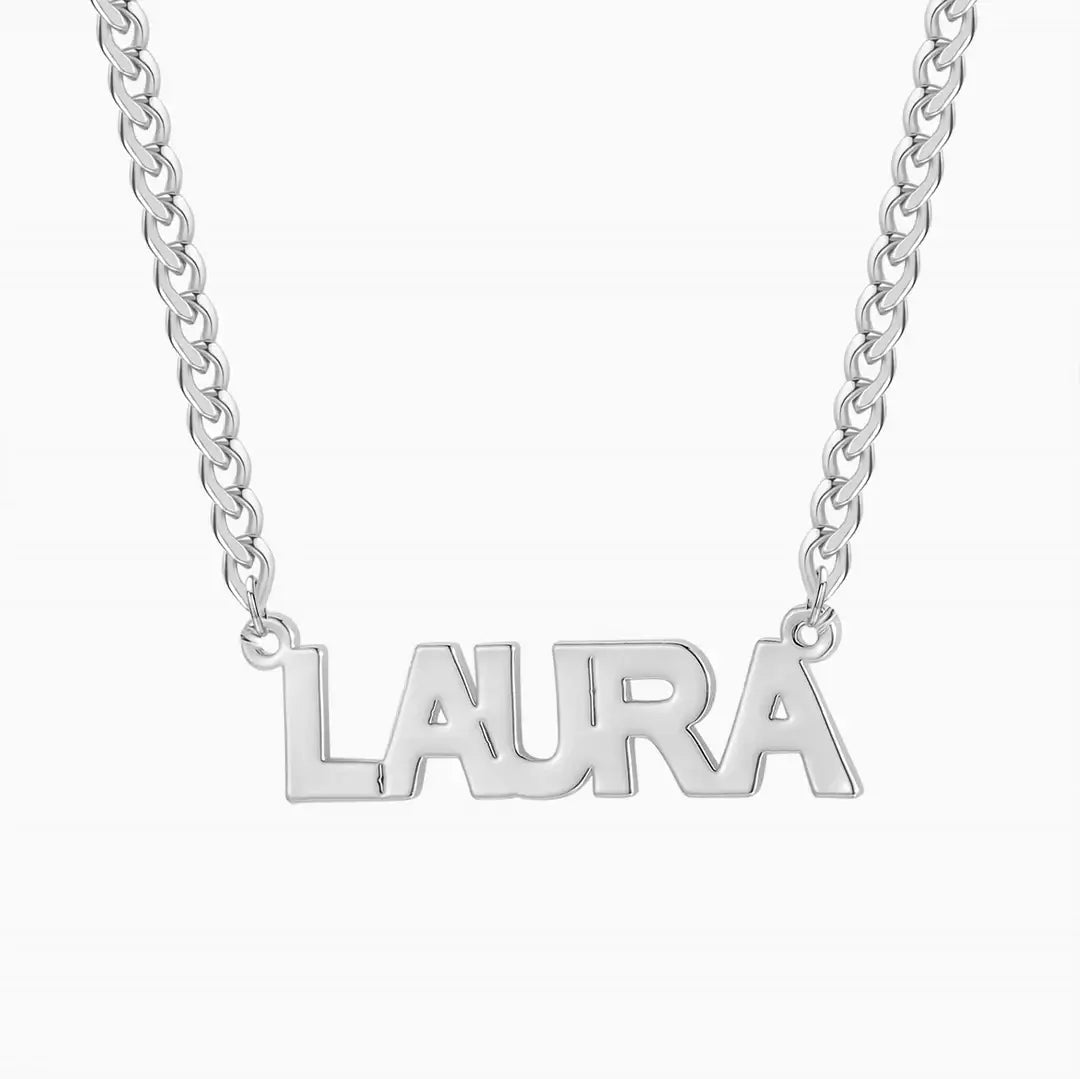 Block Name Necklace with Cuban Chain by AUREATE featuring signature 'LAURA' in bold font.
