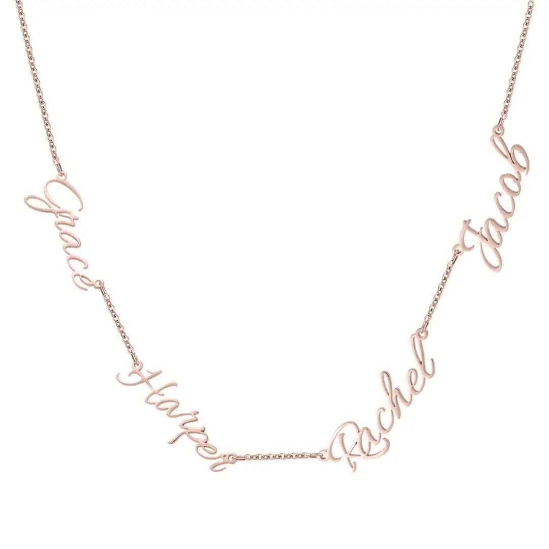 Multiple Name Necklace by AUREATE featuring names Grace, Harper, Rachel, and Jacob in elegant gold design.