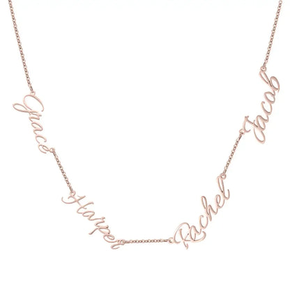 Multiple Name Necklace by AUREATE featuring names Grace, Harper, Rachel, and Jacob in elegant gold design.