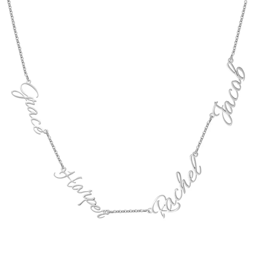 Multiple Name Necklace by AUREATE featuring names Grace, Harper, Rachel, and Jacob in elegant script design.