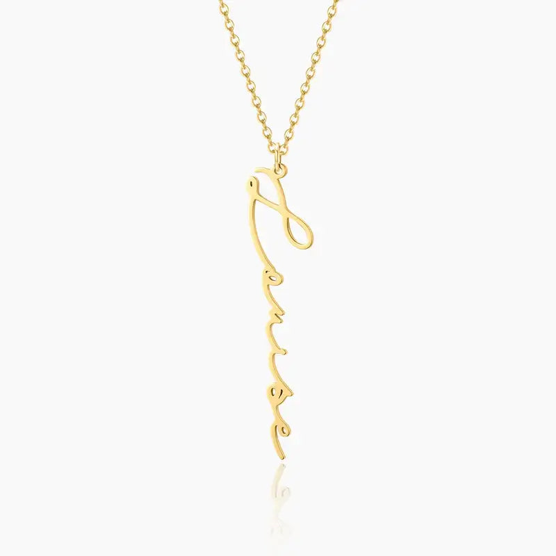AUREATE Vertical Personalised Necklace in gold, featuring an elegant vertical script design.