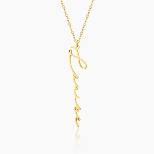 AUREATE Vertical Personalised Necklace in gold, featuring an elegant vertical script design.