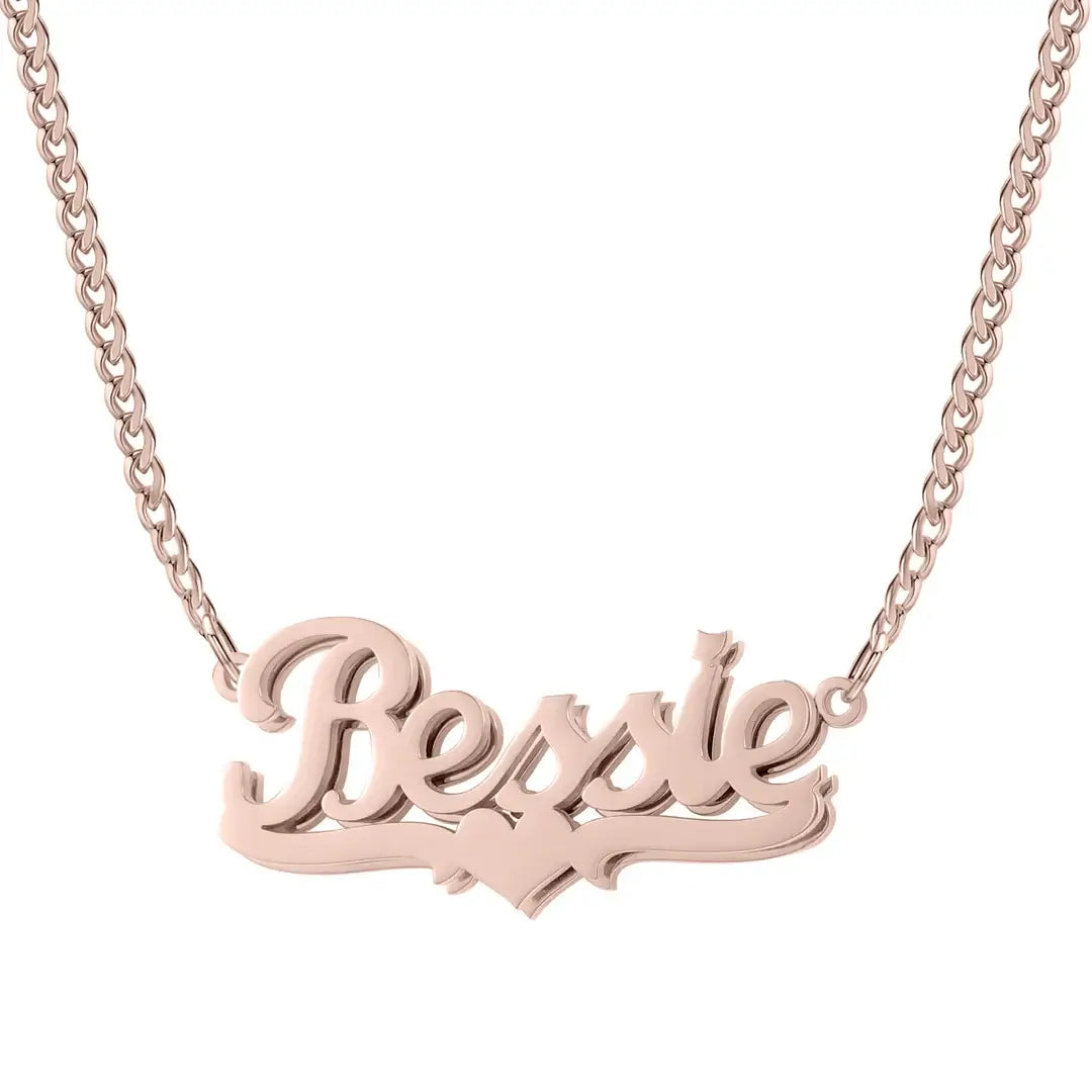 Double Plated Heart Name Necklace with Cuban Chain by AUREATE featuring a personalized name pendant.