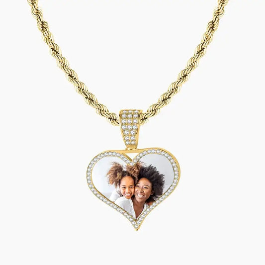 Iced Photo Pendant with Rope Chain featuring a custom photo in heart-shaped gold pendant by AUREATE.