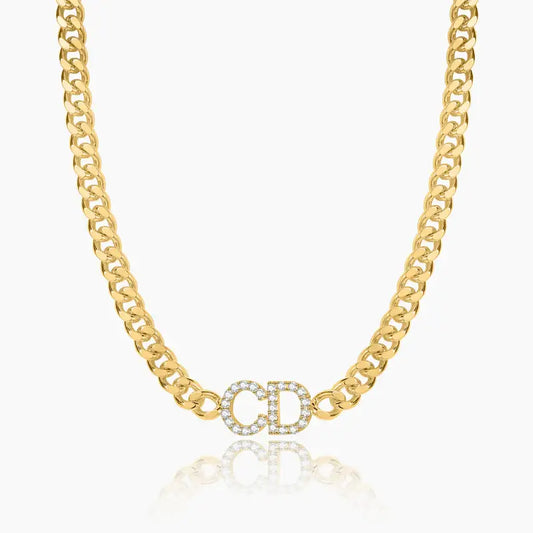 Iced Initials Necklace with Cuban Chain by AUREATE featuring sparkling initials CD and classic gold Cuban link.